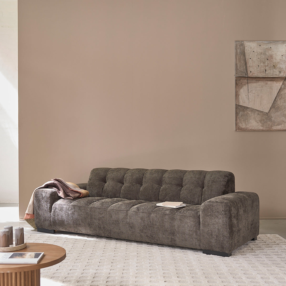 ALPHONSE - Canapé droit 4 places en velours tressé moka