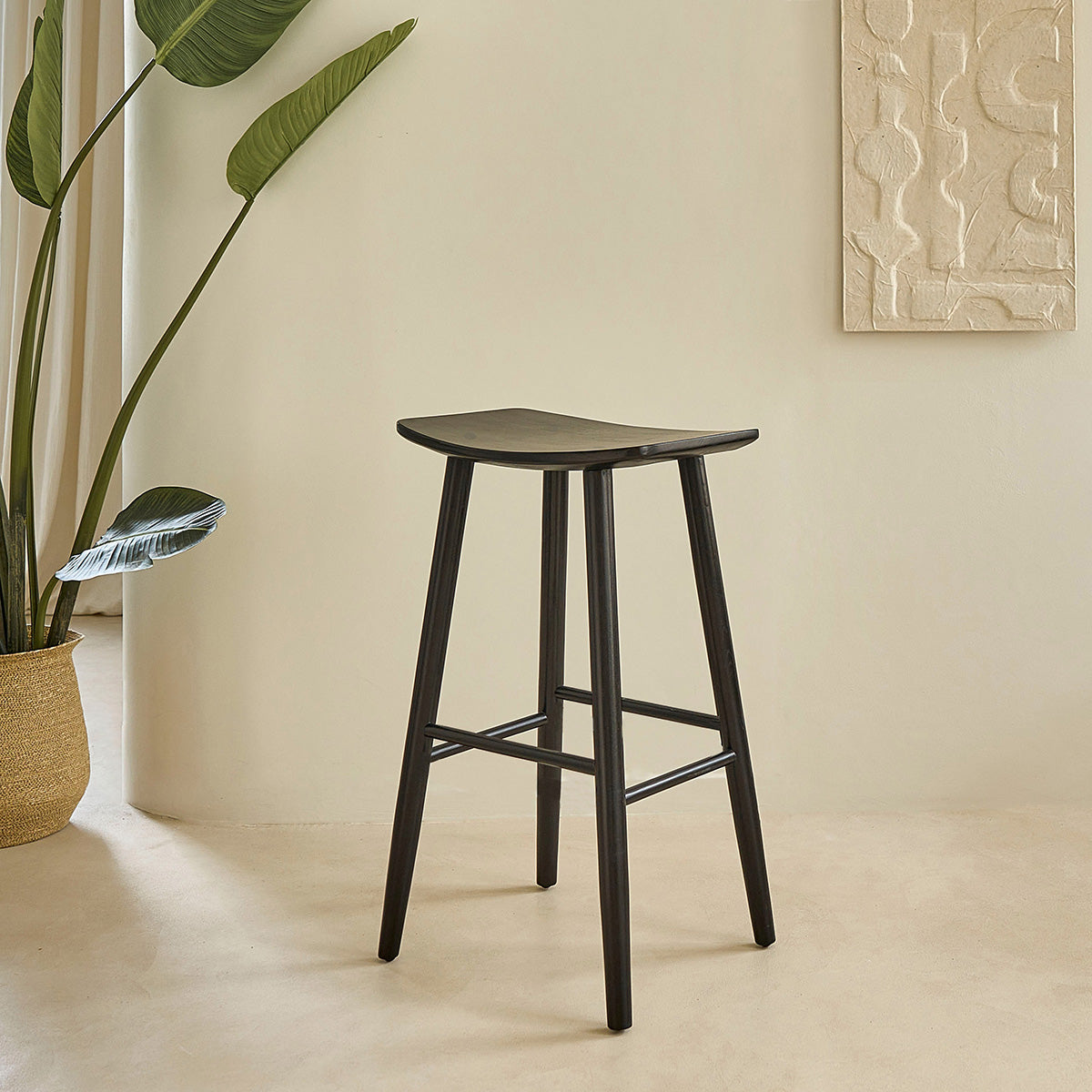 AMBRE - Tabouret de bar en teck massif noir 75 cm