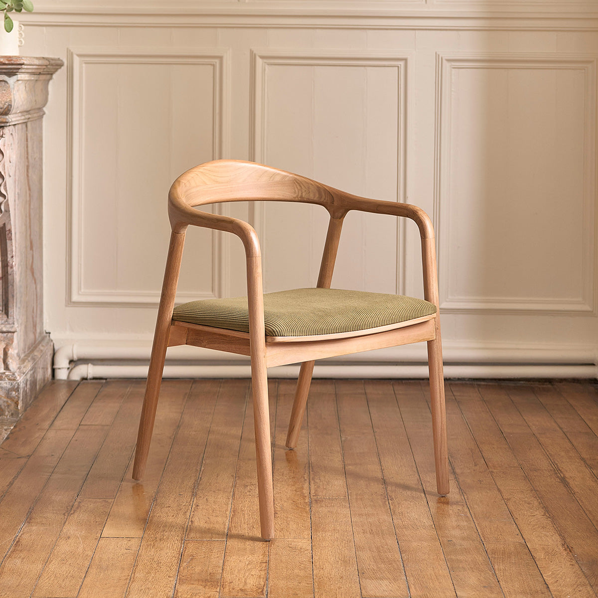 AMBRE - Set di 2 sedie in teak massello con seduta in velluto a coste color kaki