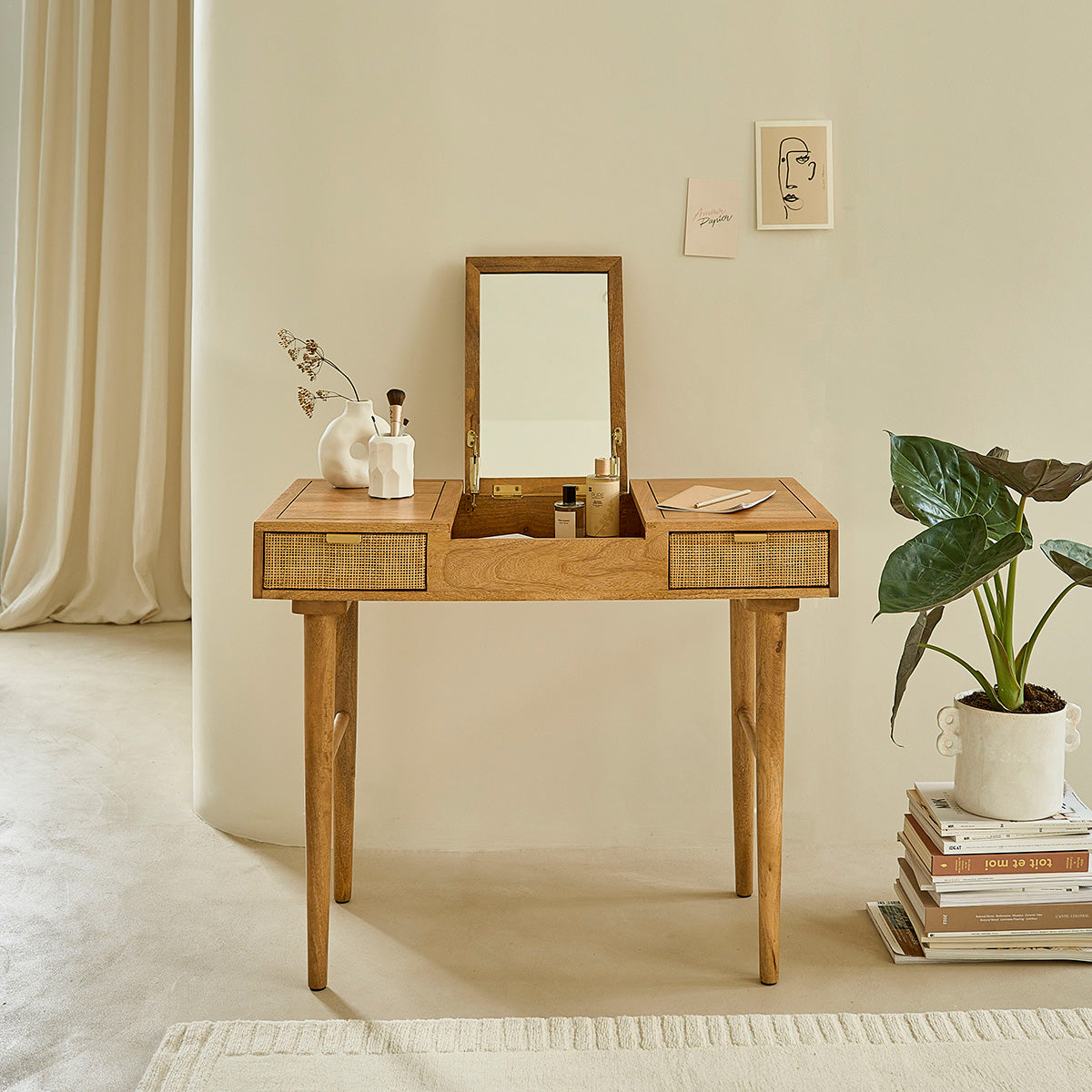 FELICIE - Coiffeuse en manguier massif et cannage 90 cm