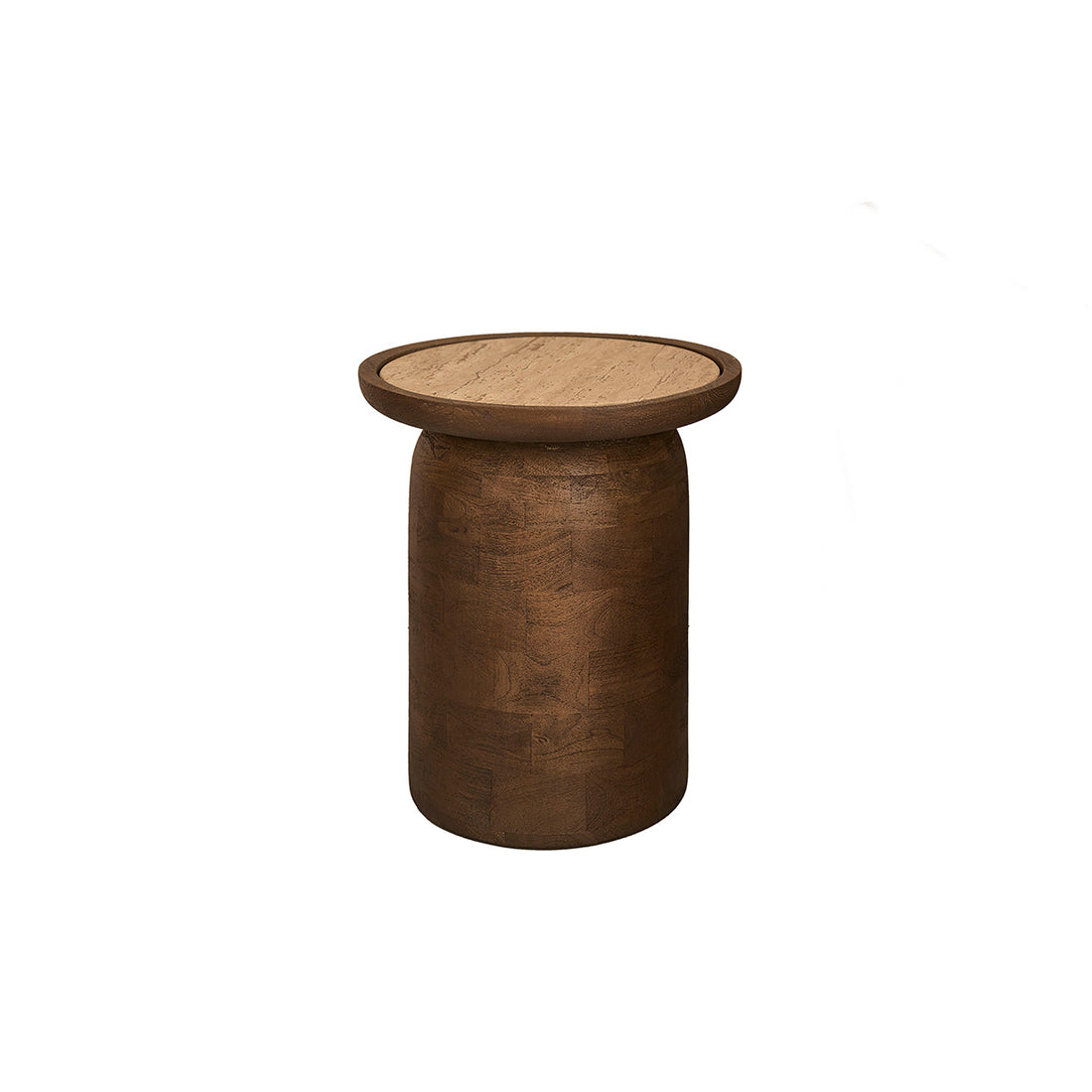 ELENA - Table d'appoint en bois de manguier et travertin ronde