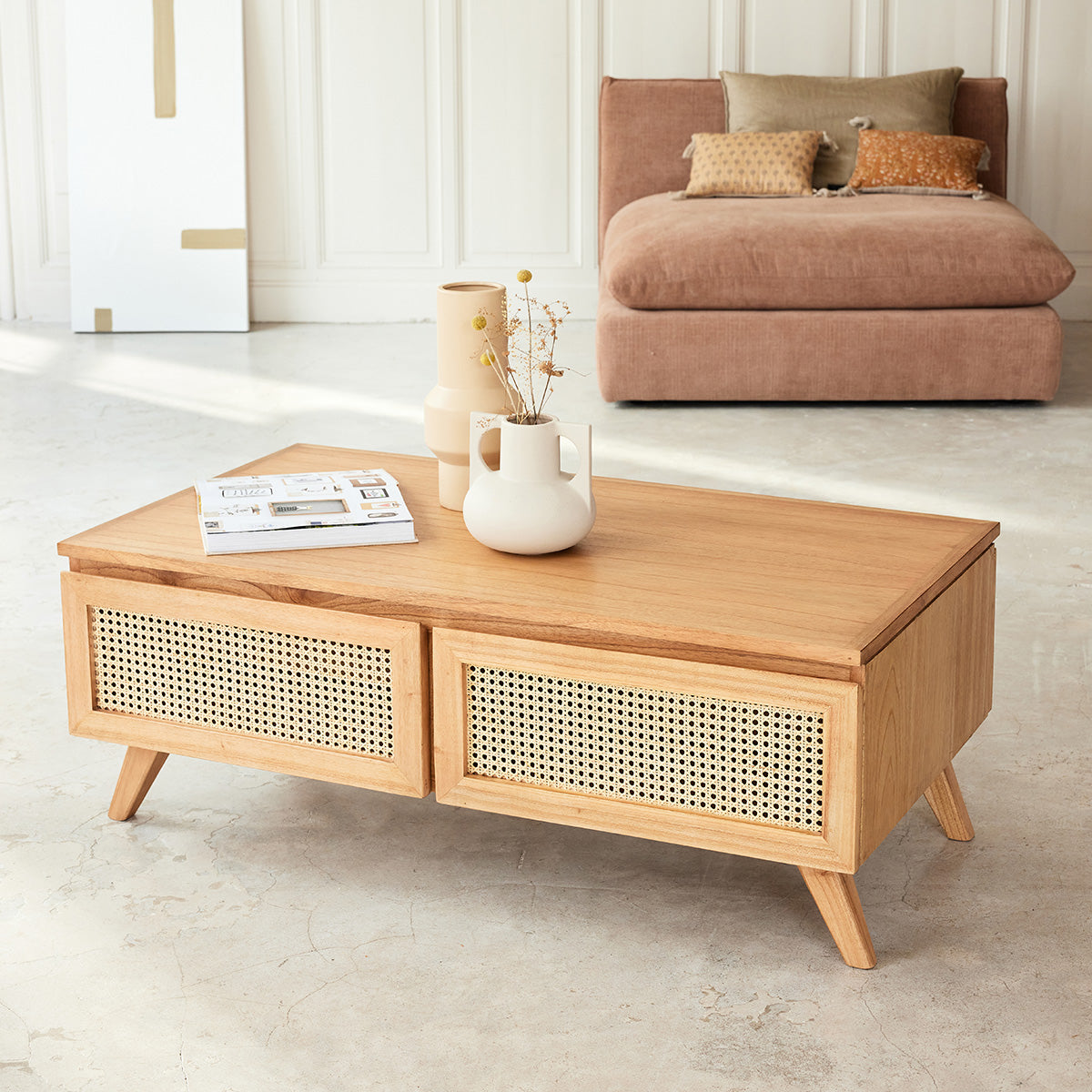 ISÉE - Table basse en mindi massif et cannage 110 cm