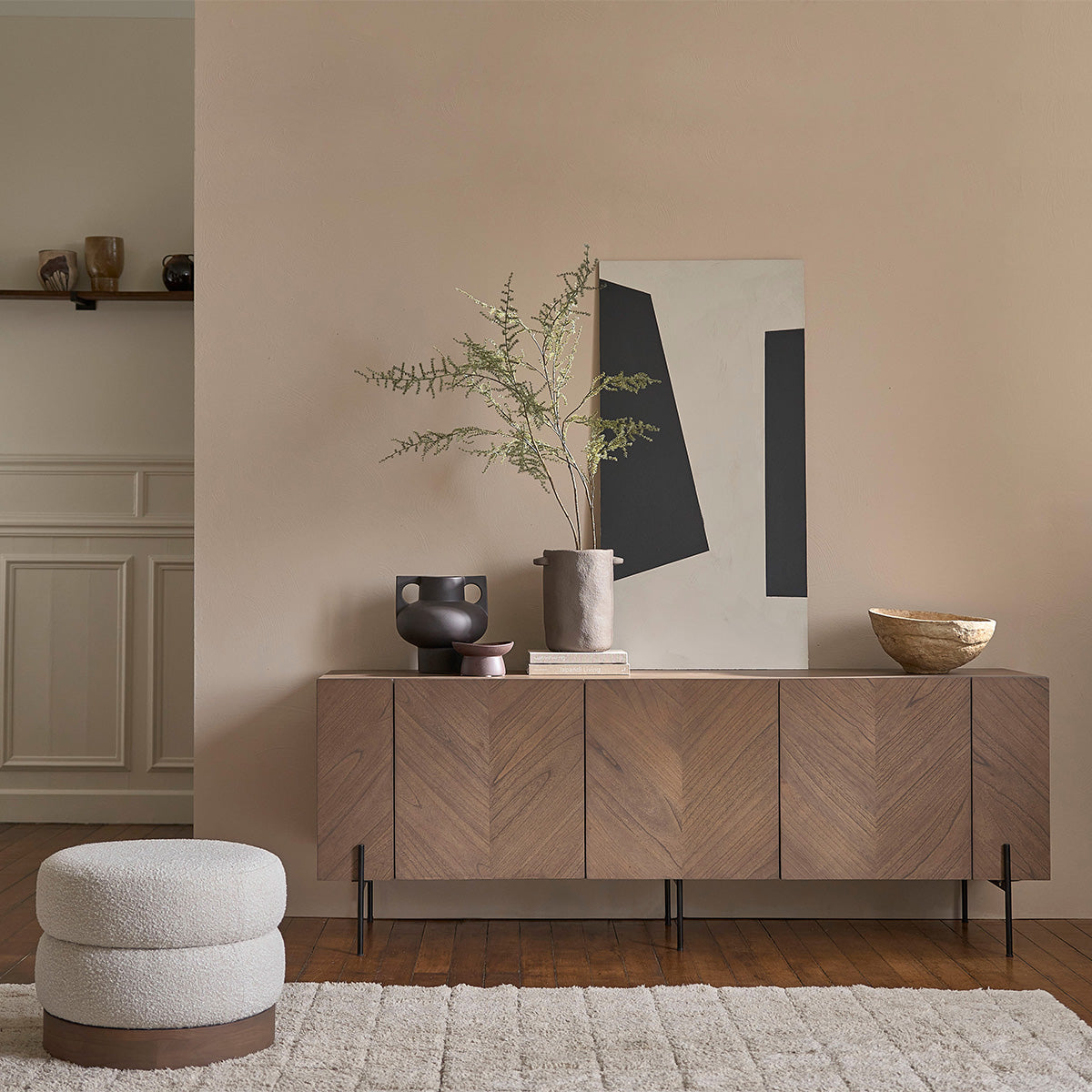CALIX - Sideboard aus massivem Mindi und Metall, mit Nussbaum-Öberfläche 200 cm