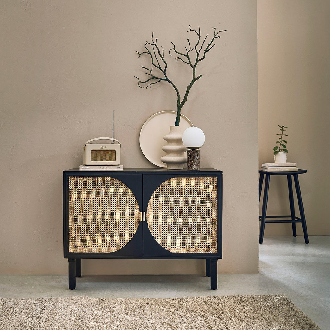 ZULMA - Buffet en manguier massif noir et cannage 100 cm