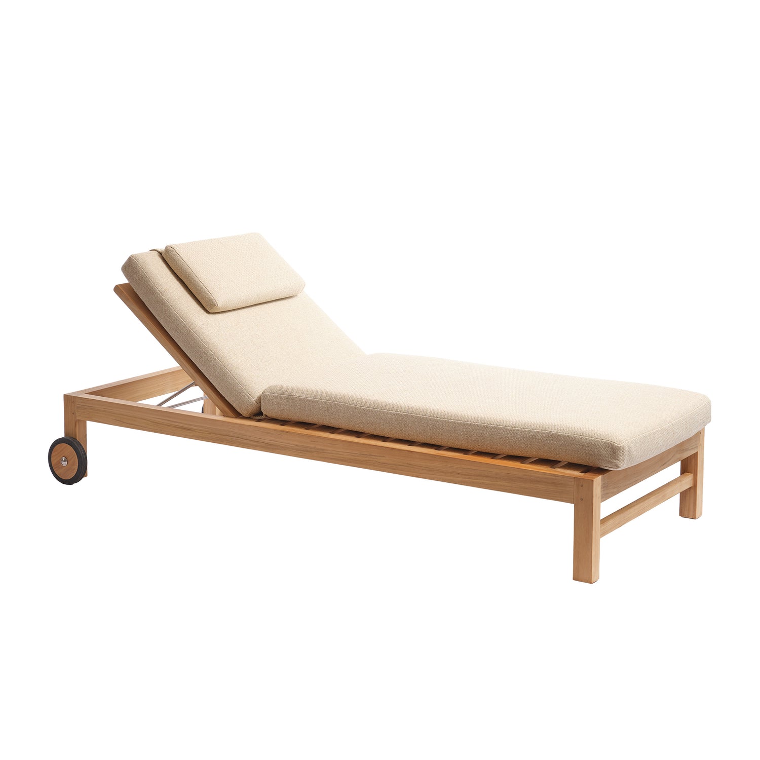 Bain de soleil inclinable en teck massif avec coussins beige chiné