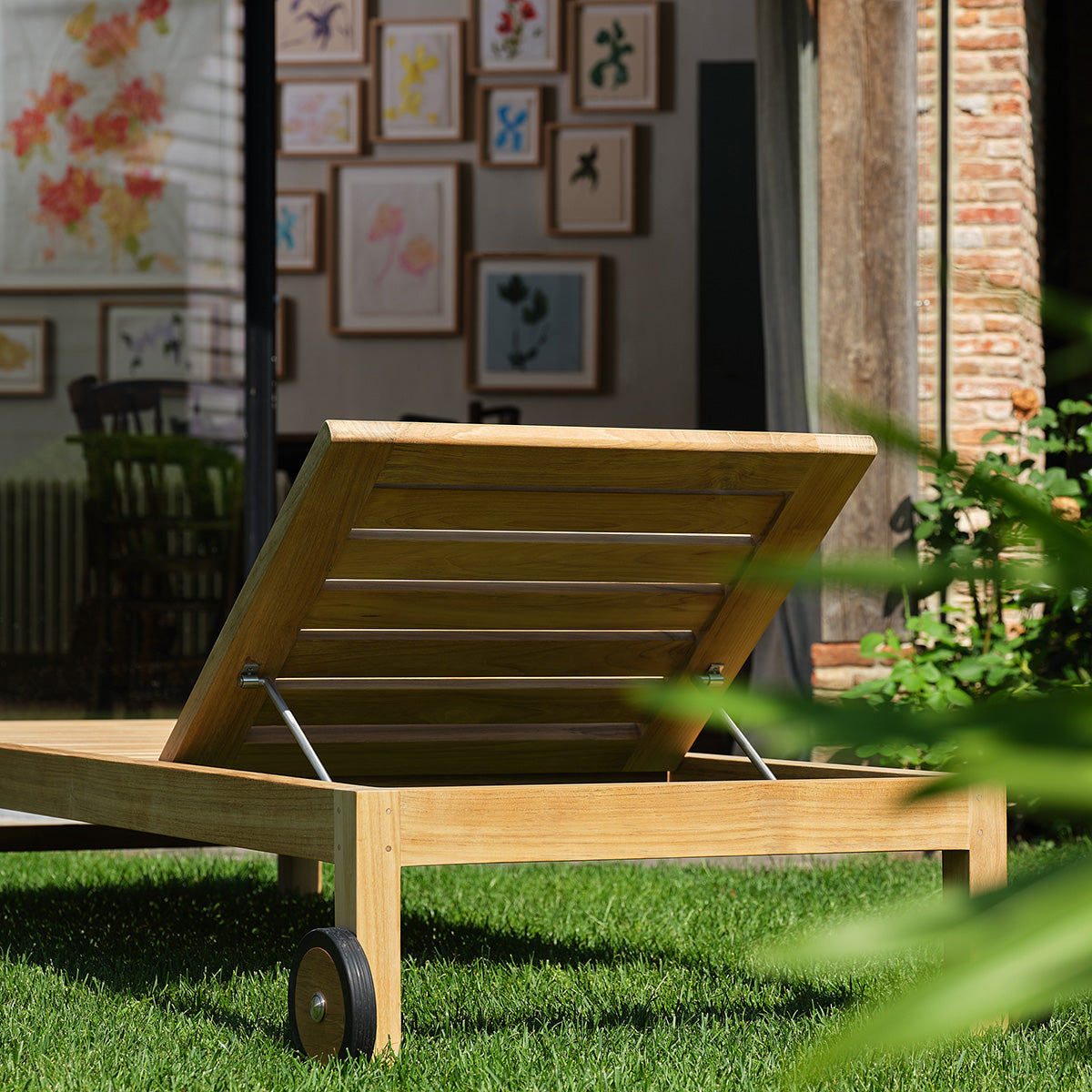 Bain de soleil inclinable en teck massif avec coussins beige chiné