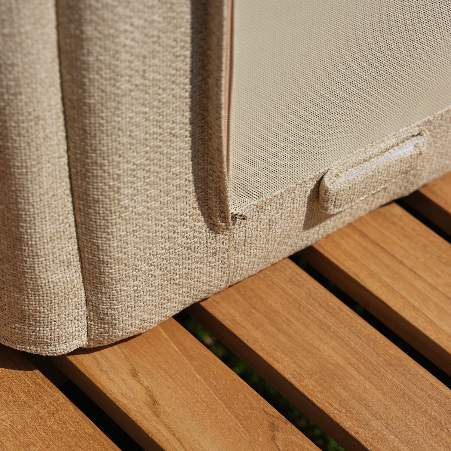 Bain de soleil inclinable en teck massif avec coussins beige chiné