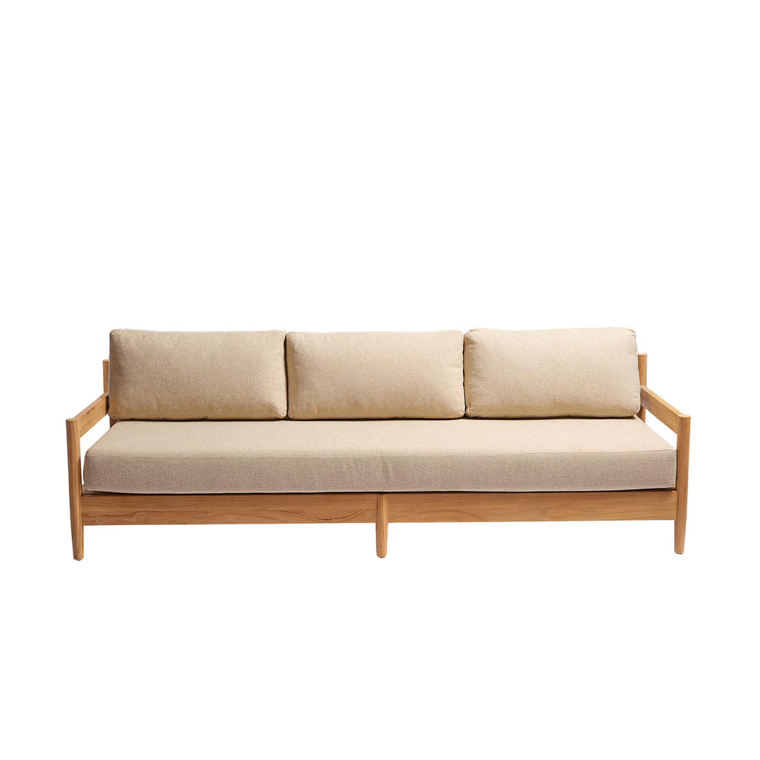 CALVI - Canapé de jardin bas en teck massif avec coussins beige chiné 4 pers.