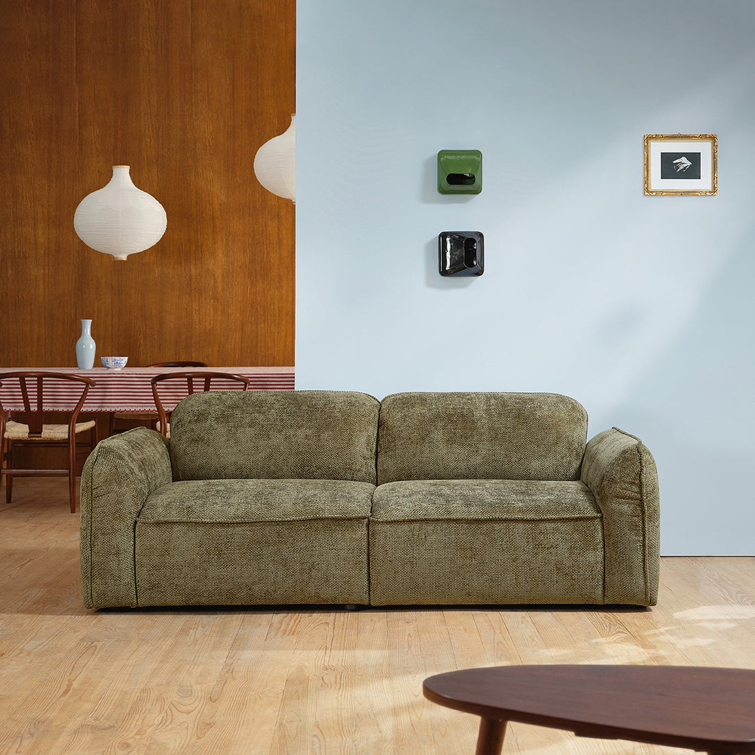 HECTOR - Gerades 3-Sitzer-Sofa aus khakifarbenem geflochtenem Samt