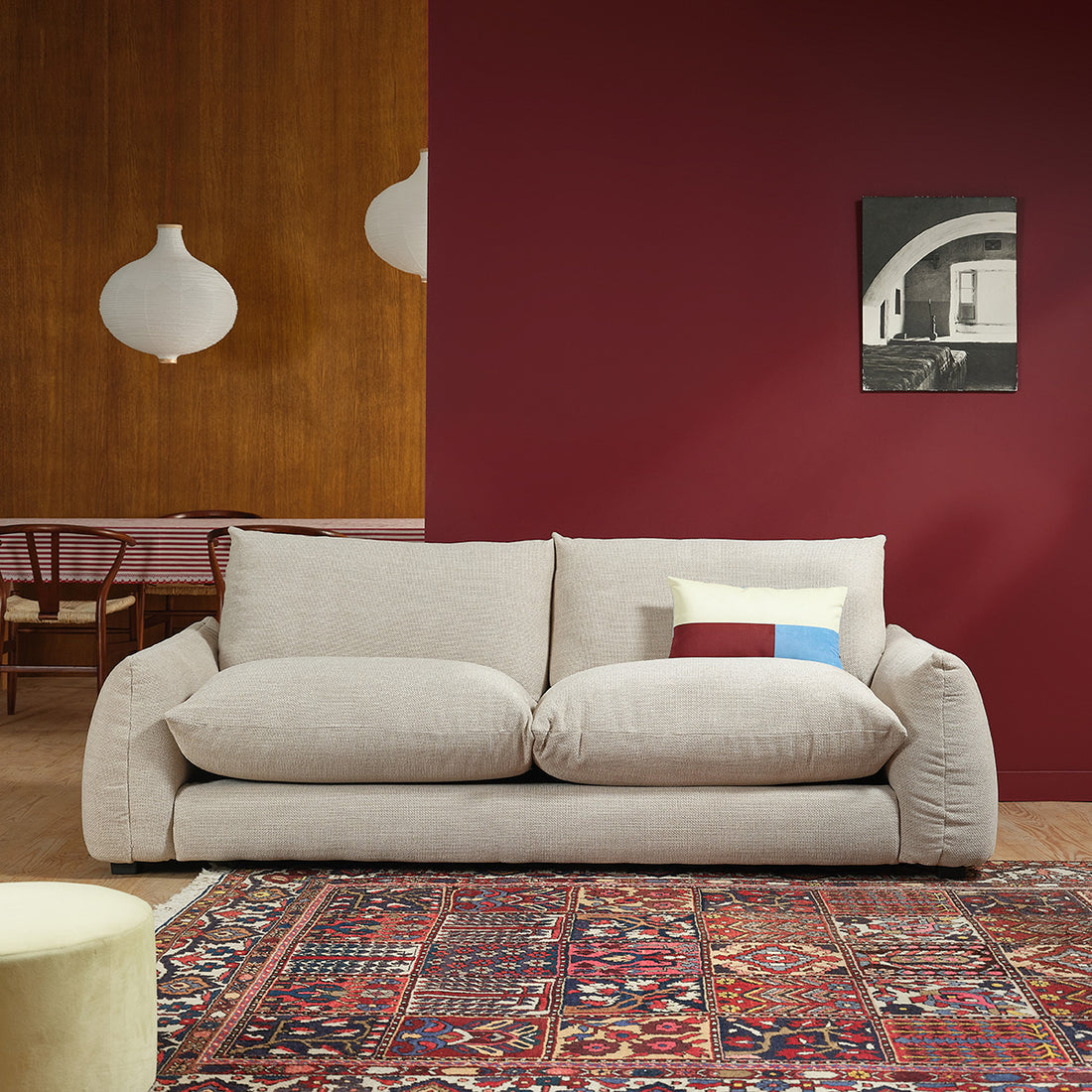 JACQUES - Canapé droit 3 places en tissu texturé beige chiné