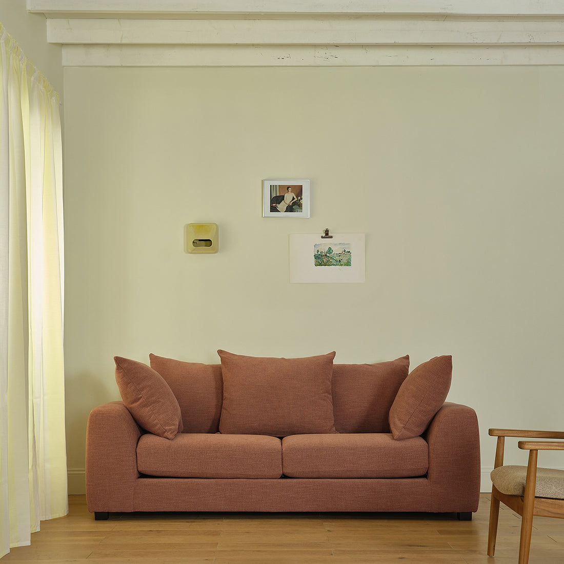 EDMOND - Canapé droit 3 places en tissu effet lin terracotta