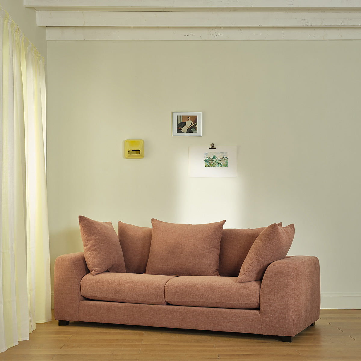 EDMOND - Gerades 3-Sitzer-Sofa aus terrakottafarbenem Stoff in Leinenoptik