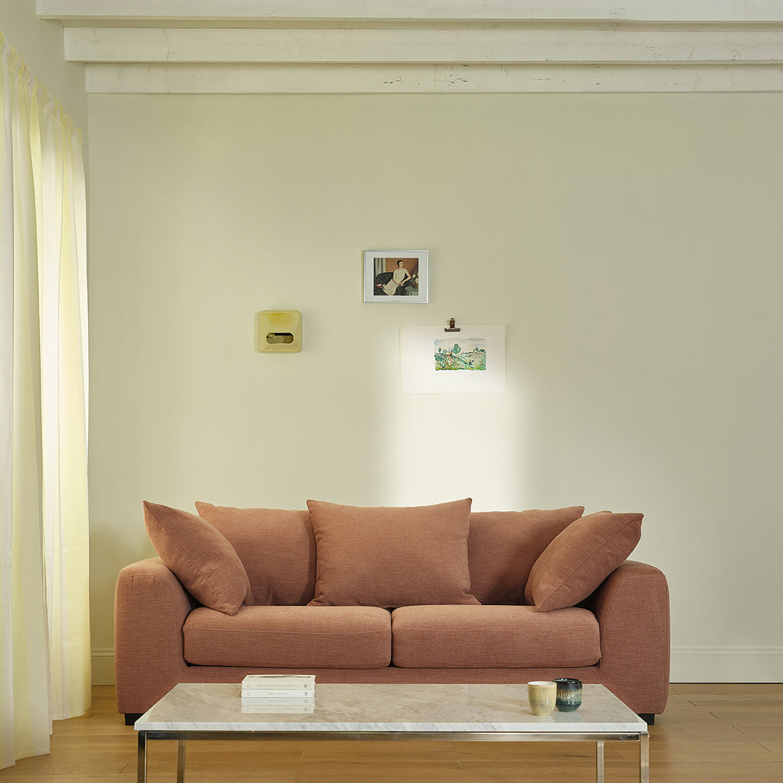 EDMOND - Canapé droit convertible 3 places en tissu effet lin terracotta