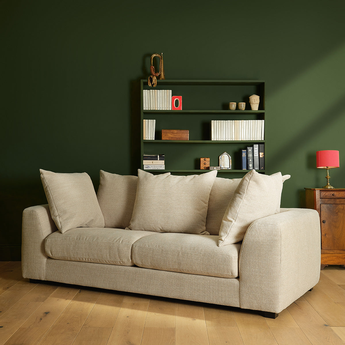EDMOND - Gerades 3-Sitzer-Sofa mit Liegefunktion aus meliertem, beigem Strukturstoff