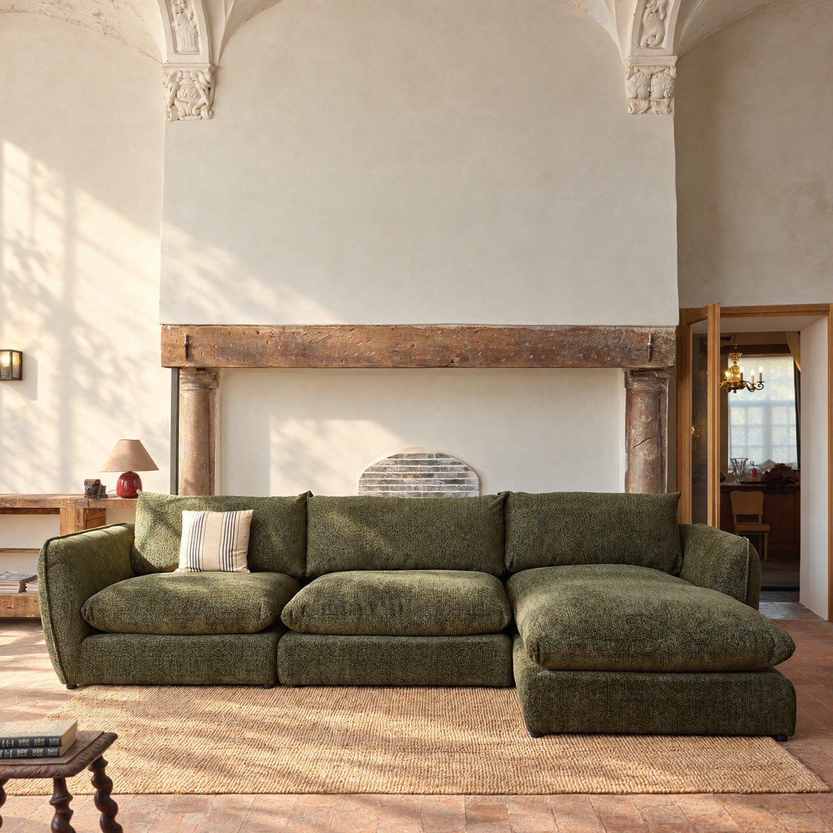 LEOPOLD - Modulares 3-Sitzer-Sofa aus grün meliertem Chenille-Stoff – rechte Chaiselongue