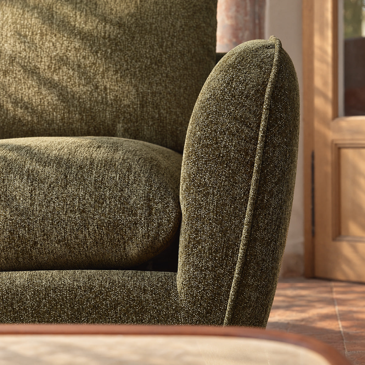 LEOPOLD - Canapé modulable 3 places tissu chenille chiné vert - méridienne gauche