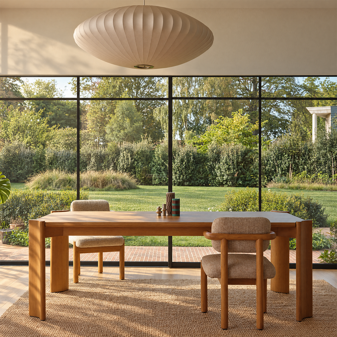 NEO - Sedia in legno massello di mindi naturale e tessuto beige screziato con trama in rilievo