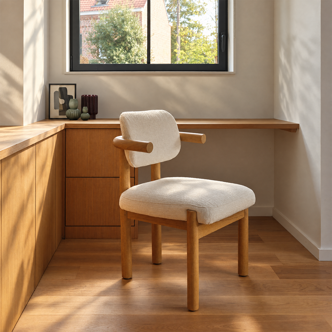 NEO - Chaise en mindi massif naturel et tissu texturé écru