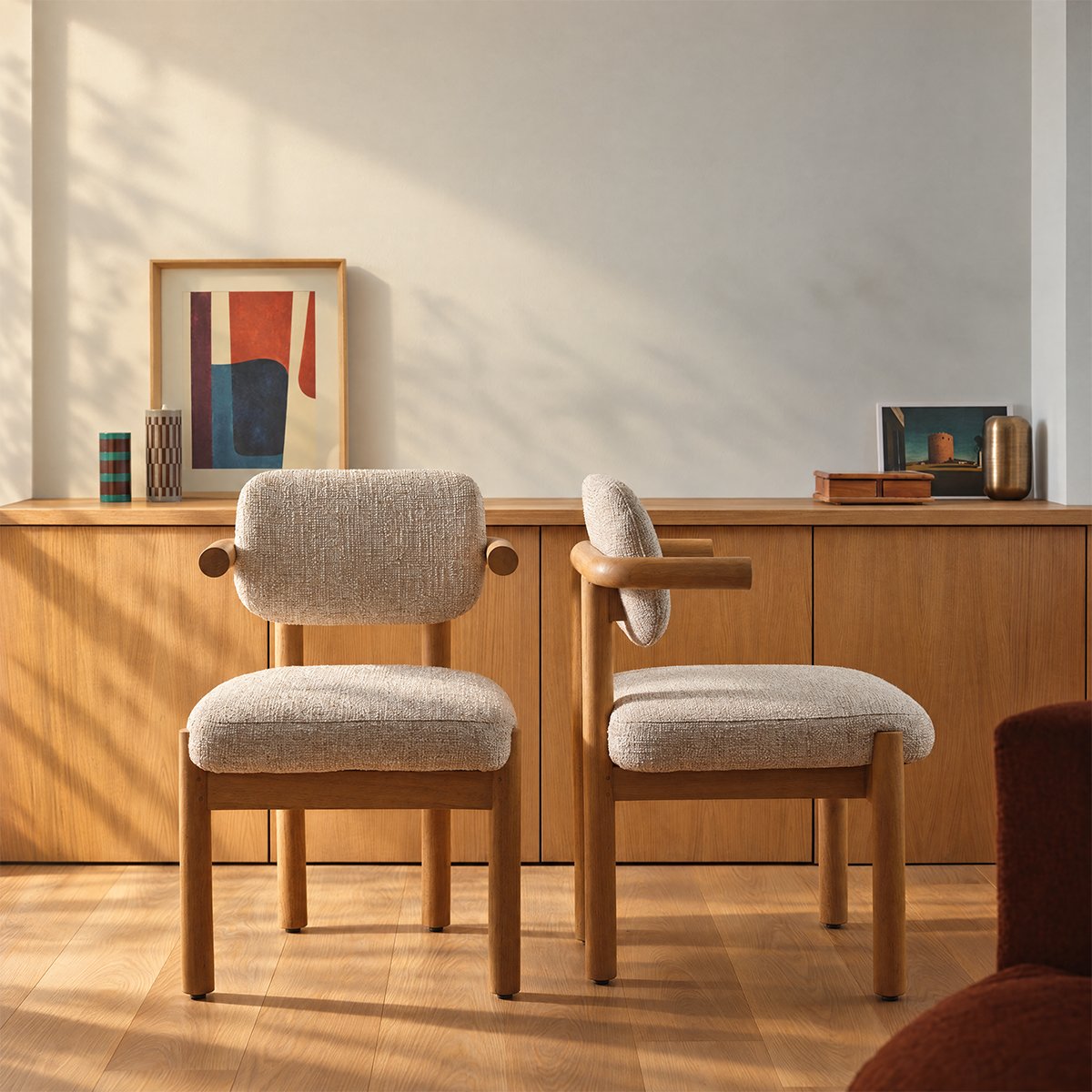 NEO - 2er-Set Stühle aus massivem, naturbelassenem Mindi-Holz und beige meliertem Stoff