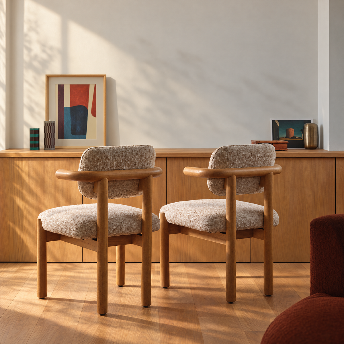 NEO - 2er-Set Stühle aus massivem, naturbelassenem Mindi-Holz und beige meliertem Stoff