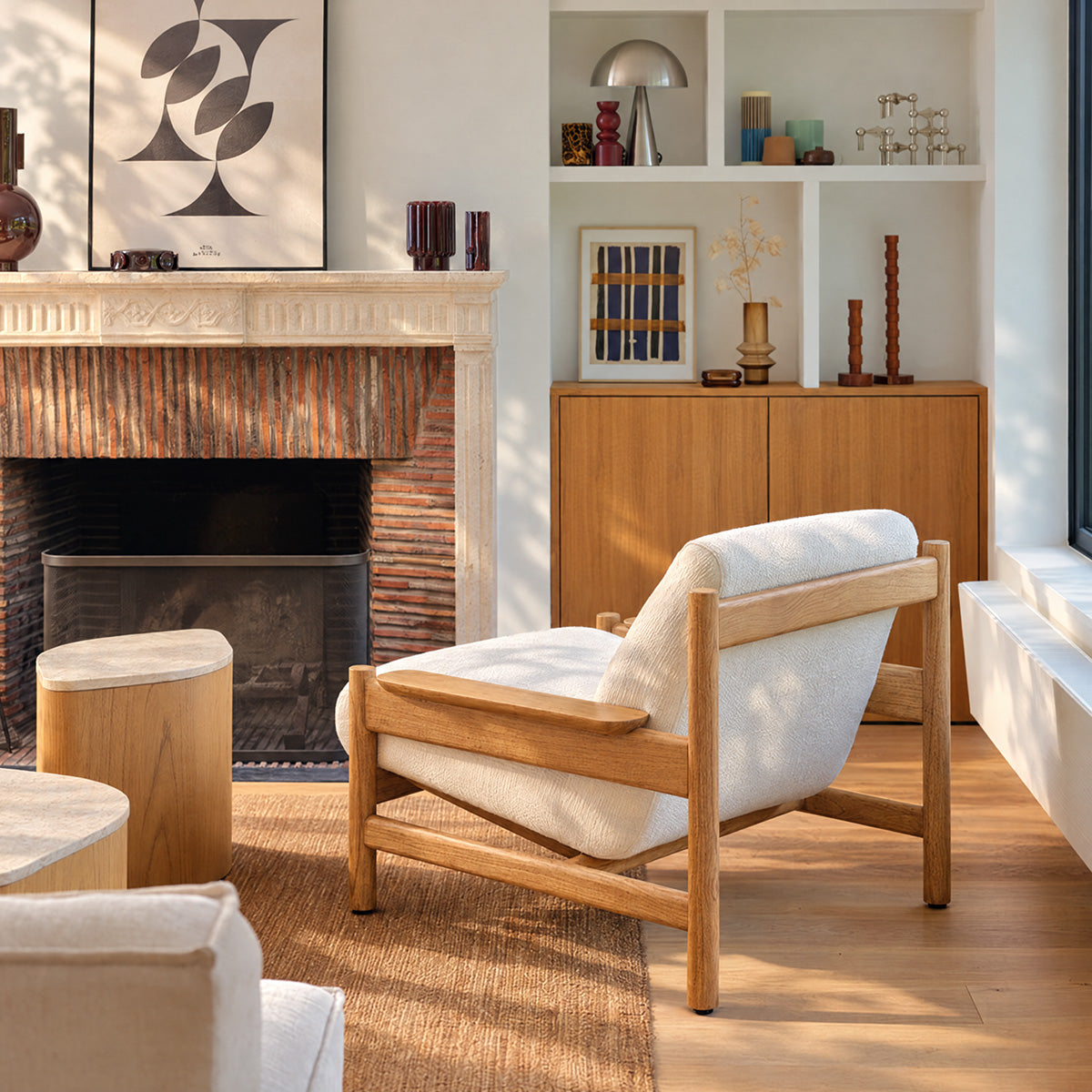 MARCEL - Fauteuil en mindi massif naturel et tissu blanc