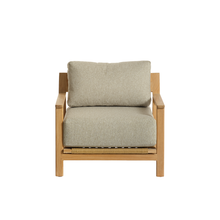 Fauteuil de jardin en teck massif avec coussins gris chiné