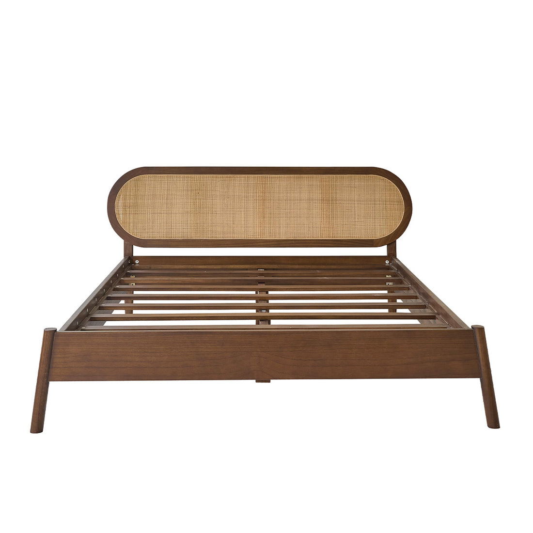 LILA - Lit en bois de mindi et cannage finition noyer 160 cm avec sommier