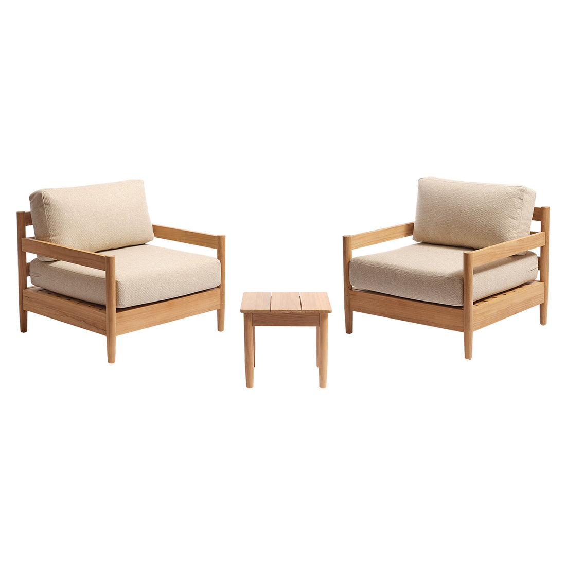 CALVI - Salon de jardin bas en teck massif avec coussins beige chiné 2 pers.