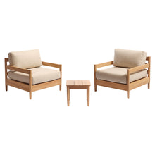 Salon de jardin bas en teck massif avec coussins beige chiné 2 pers.