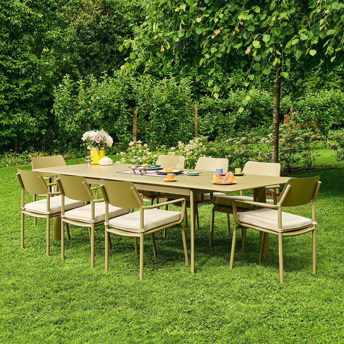 SARO - Salon de jardin en aluminium extensible kaki clair 6/10 pers.