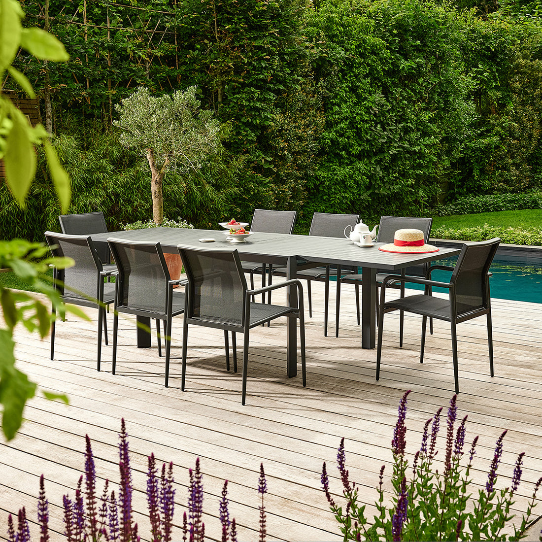 BASALT - Salon de jardin en aluminium et textilène extensible gris 6/10 pers.