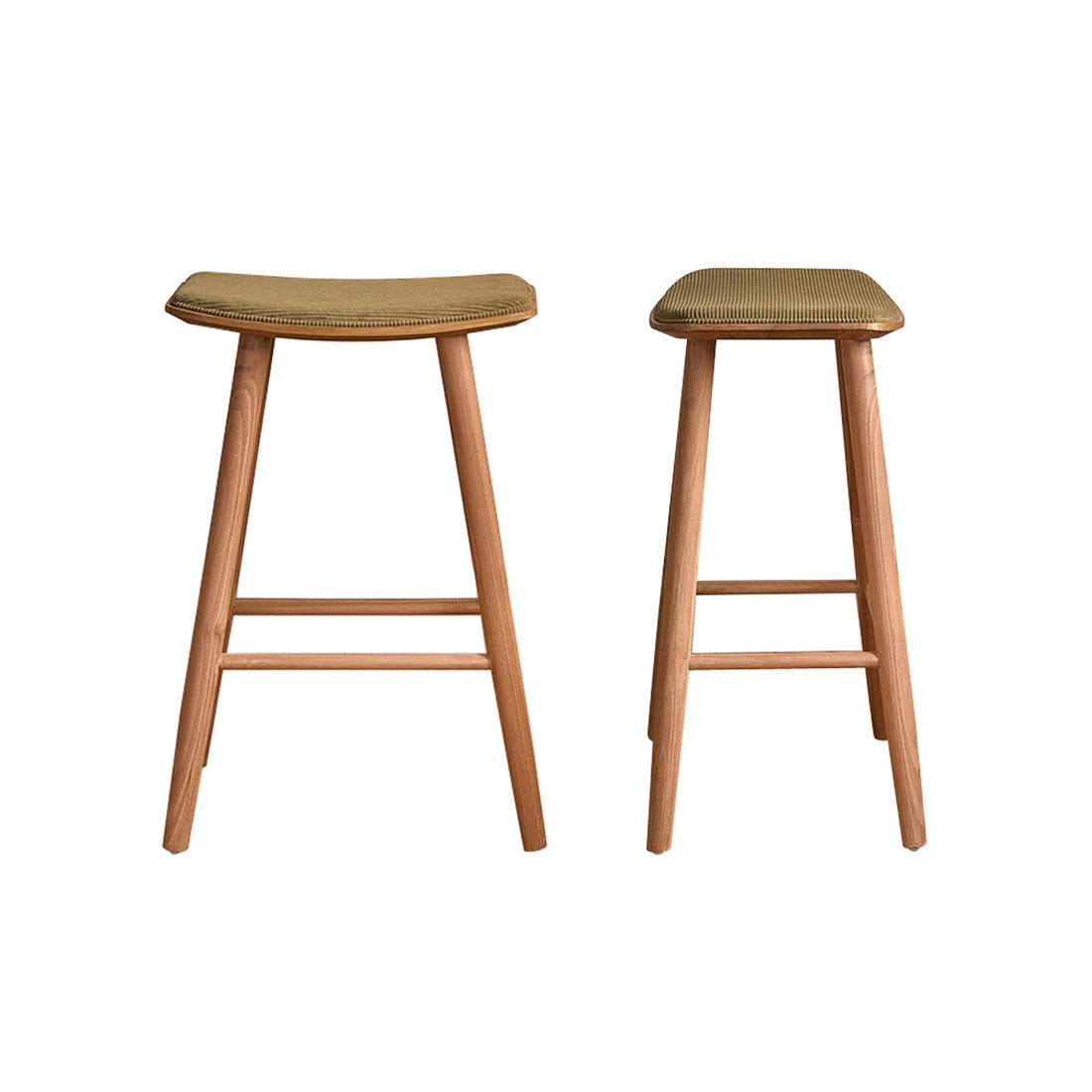 AMBRE - Lot de 2 tabourets de bar en teck massif assise velours côtelé 65 cm
