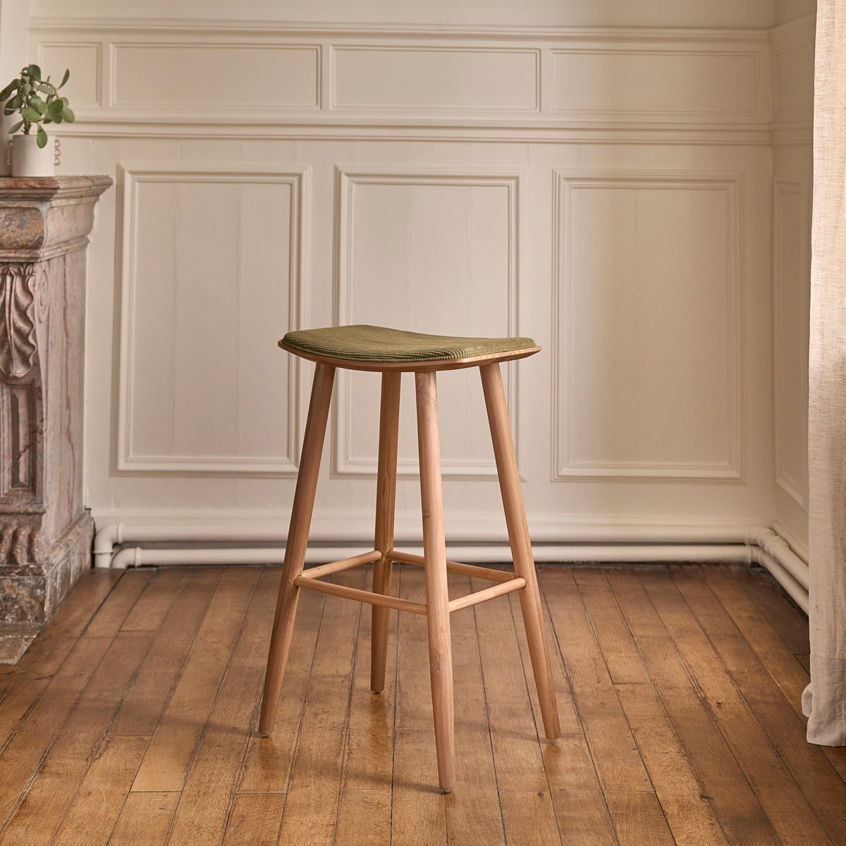 AMBRE - Tabouret de bar en teck massif assise velours cotelé 75 cm