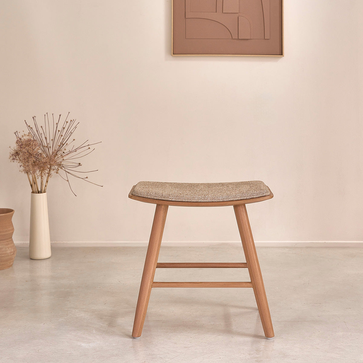 AMBRE - Tabouret de bar en teck massif et velours grège 45 cm