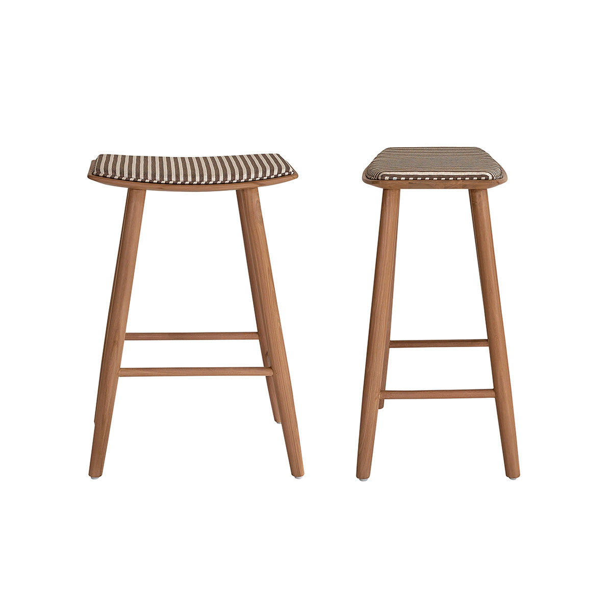 AMBRE - Lot de 2 tabourets de bar en teck massif et assise à rayures 65 cm