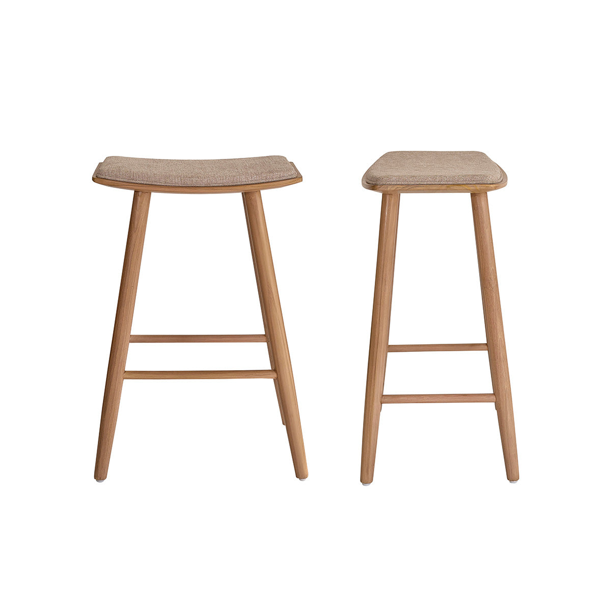 AMBRE - Lot de 2 tabourets de bar en teck massif et velours grège 65 cm