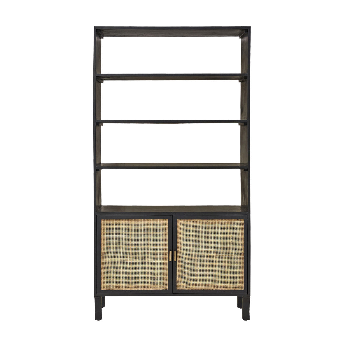 BLAISE - Bücherregal aus massivem Mangoholz, schwarz und Rohrgeflecht 170 cm