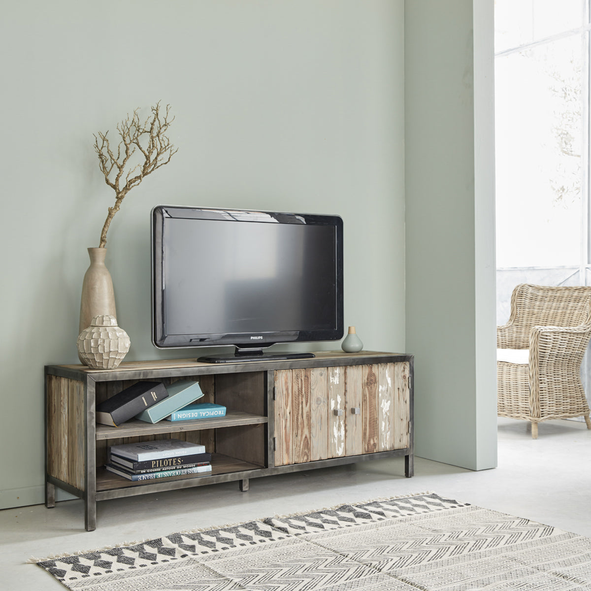 INDUS - Meuble TV en bois recyclé massif et métal 150 cm