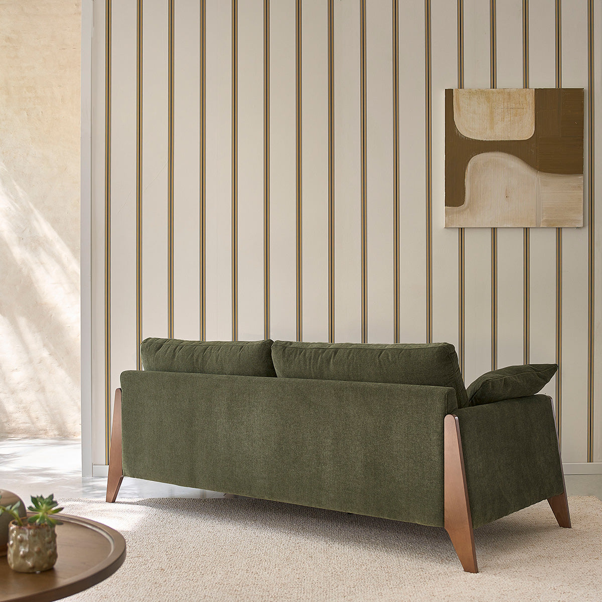 ONDINE - Gerades 3-Sitzer-Sofa aus Massivholz und moosgrünem Samtstoff