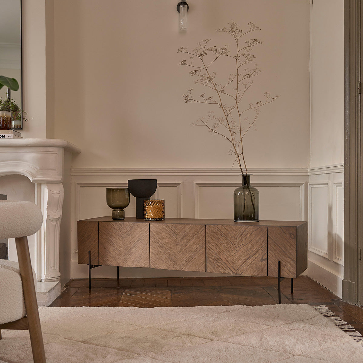 CALIX - Mobile TV in mindi massello e metallo finitura noce 160 cm