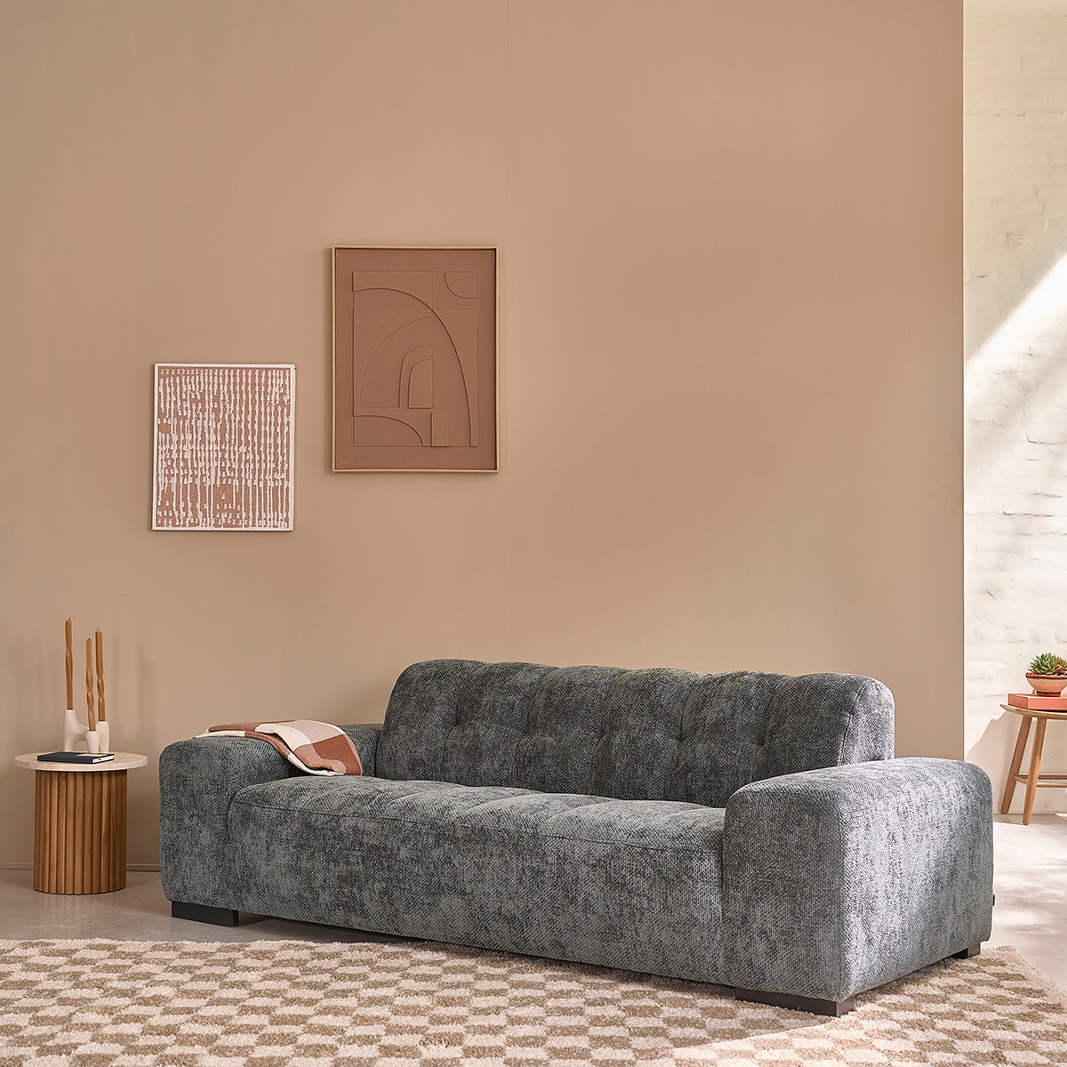 ALPHONSE - Canapé droit 3 places en velours tressé vert de gris