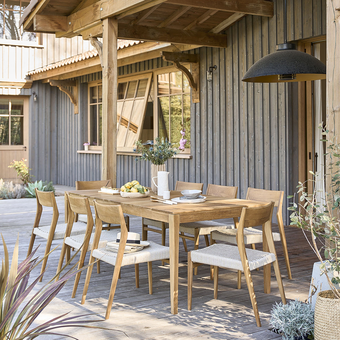 LIVIE - Salon de jardin en teck massif et cordage beige 8 pers.