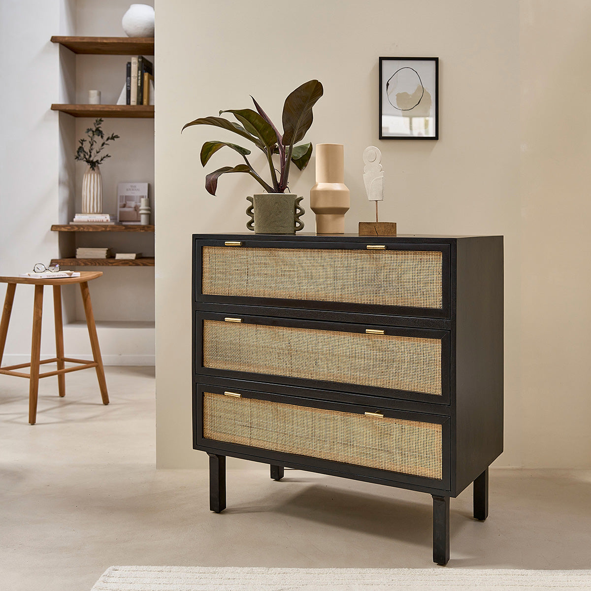 BLAISE - Cassettiera in mango massello e midollino nero 90 cm