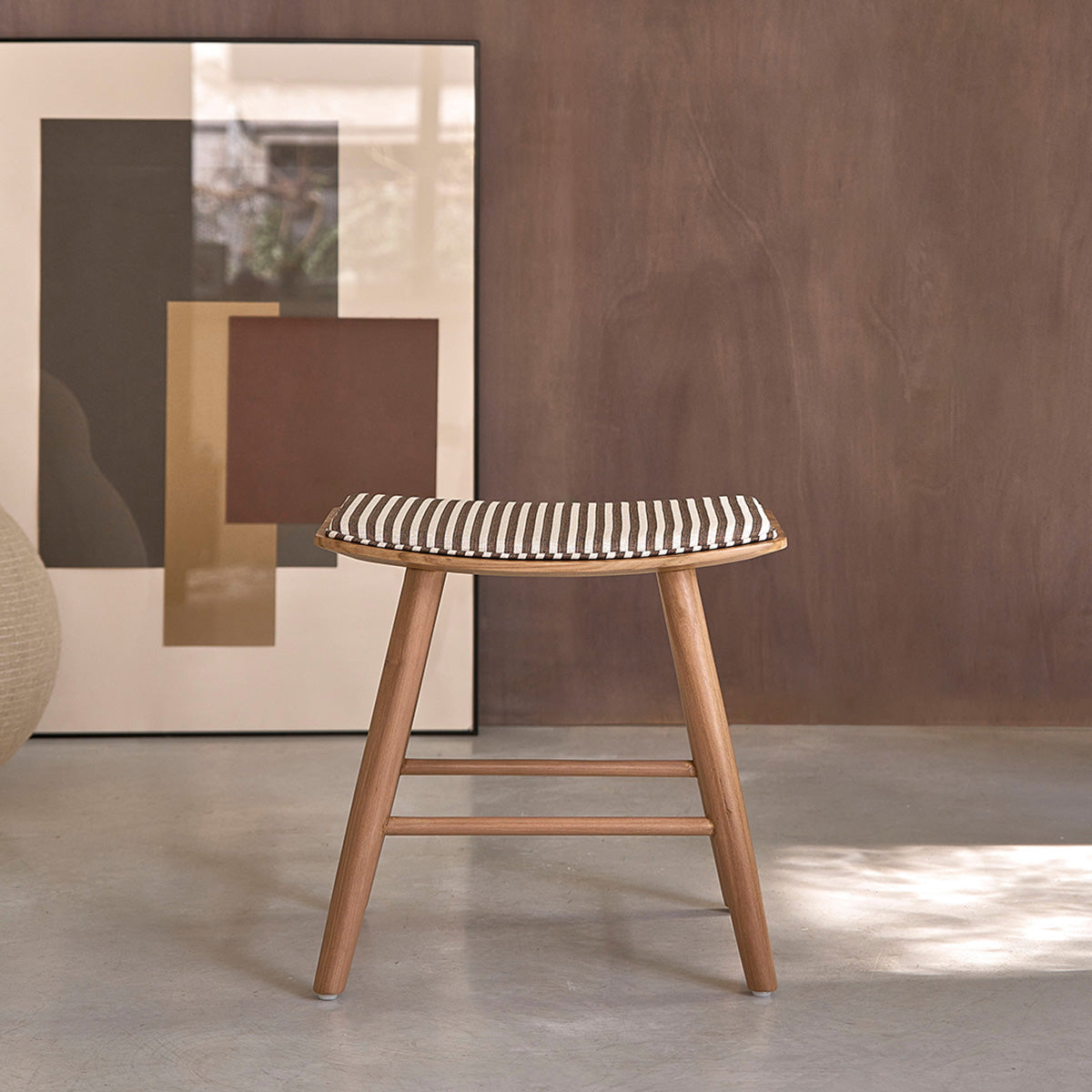 AMBRE - Tabouret de bar en teck massif et assise à rayures 45 cm