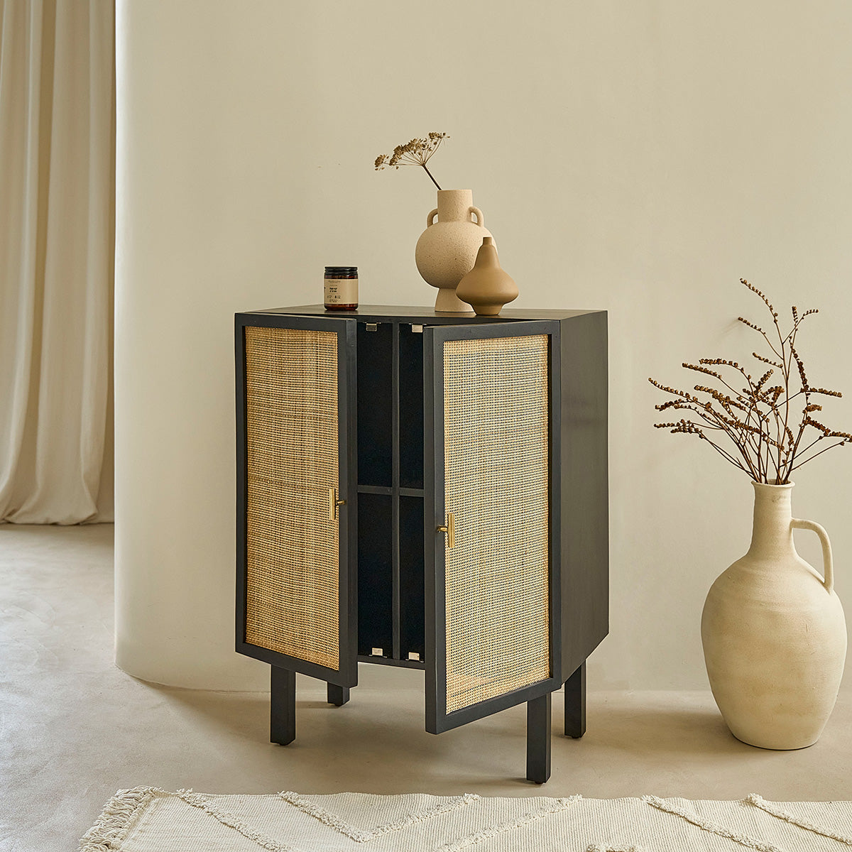 BLAISE - Credenza in mango massello nero e midollino 68 cm