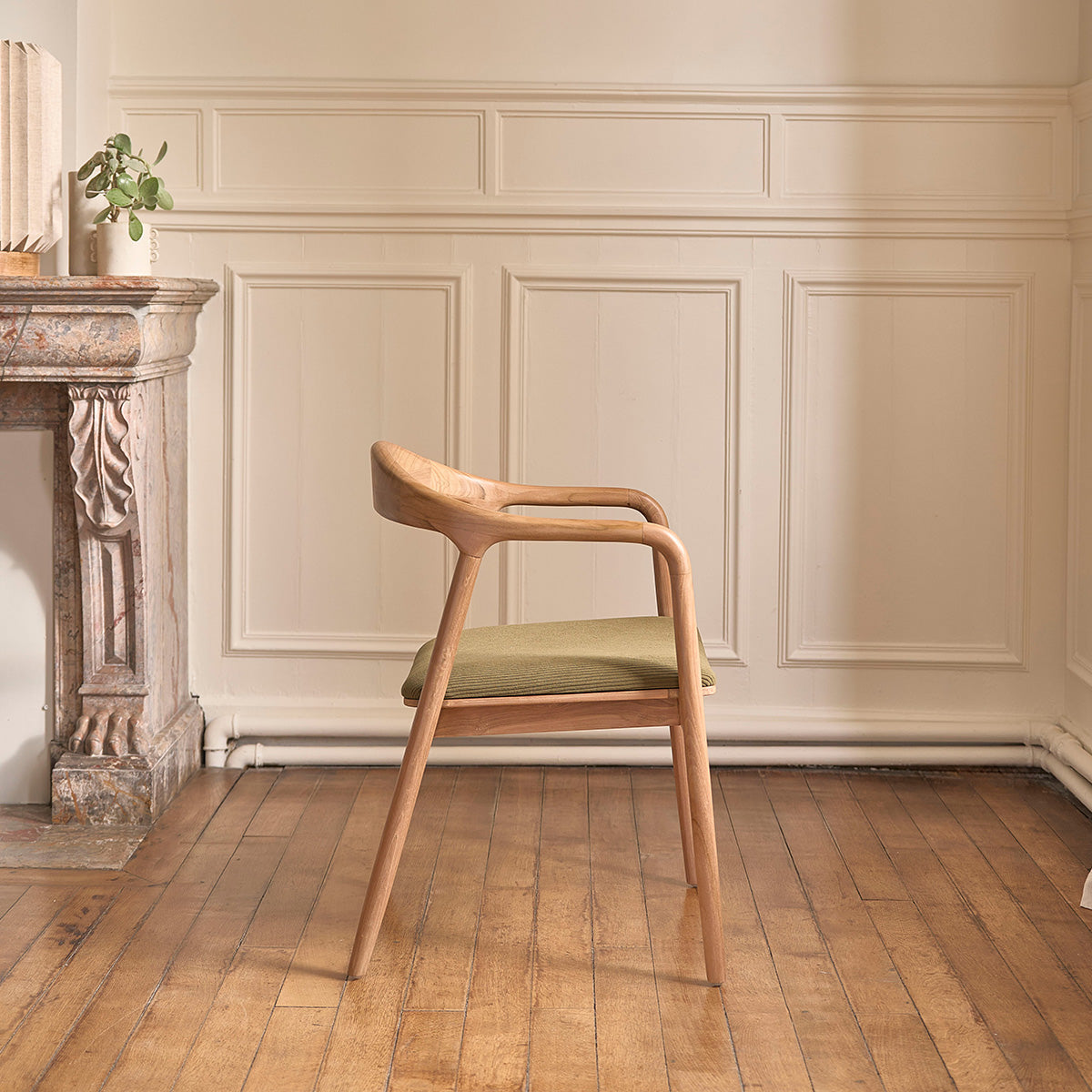 AMBRE - Chaise en teck massif assise velours côtelé kaki