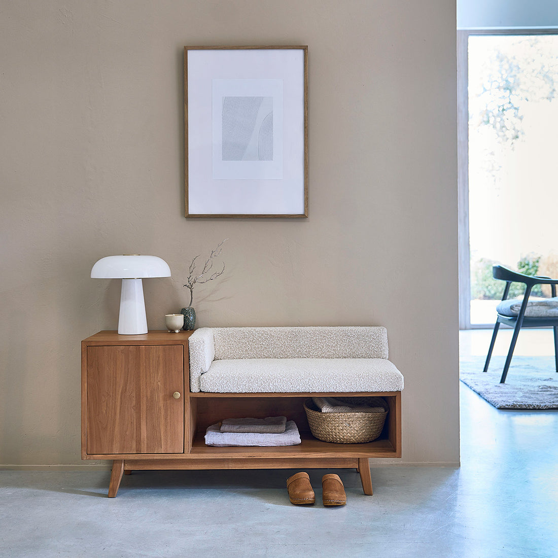 SERENE - Banc en teck massif et tissu bouclette 120 cm