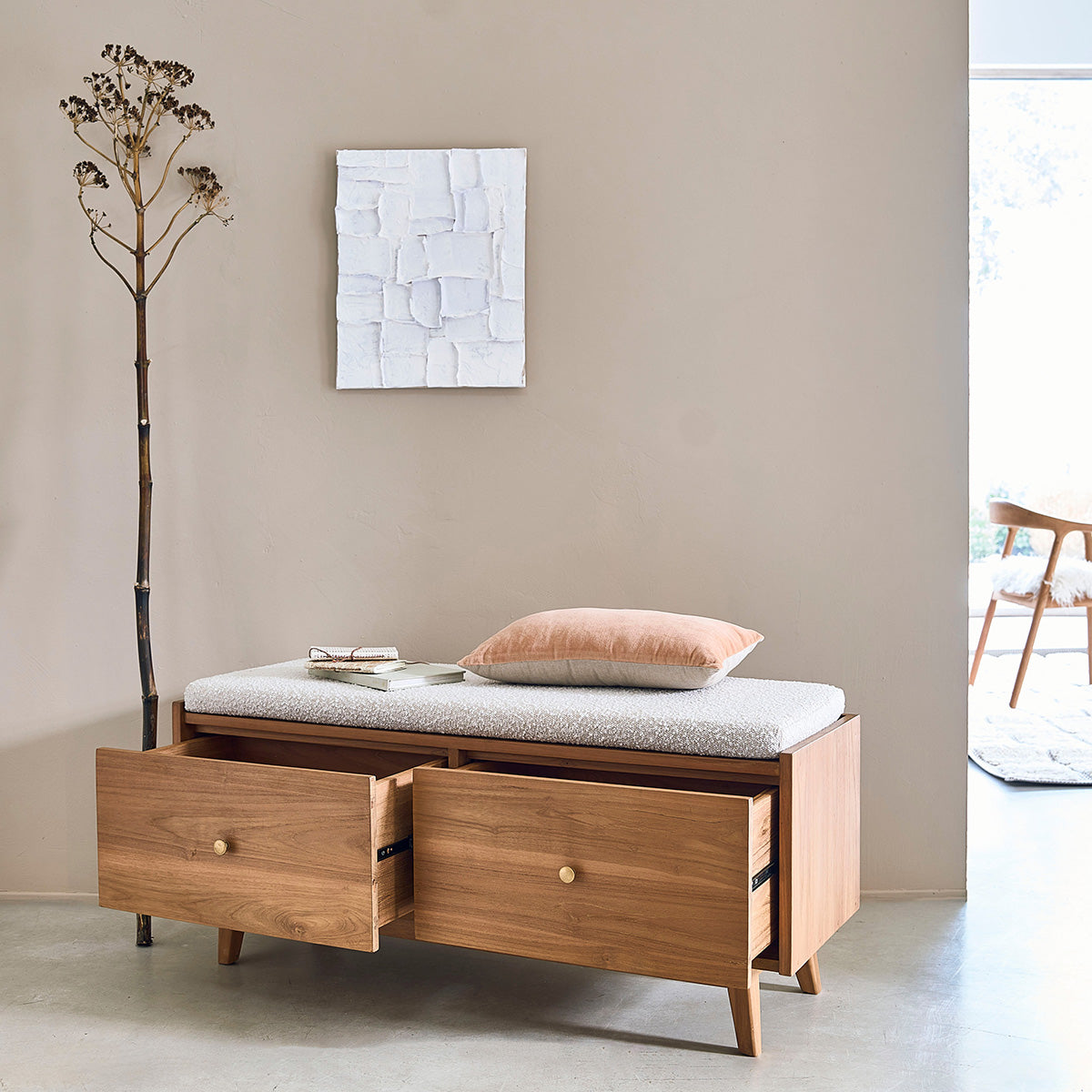 SERENE - Bank aus massivem Teakholz und Bouclé-Stoff 120 cm