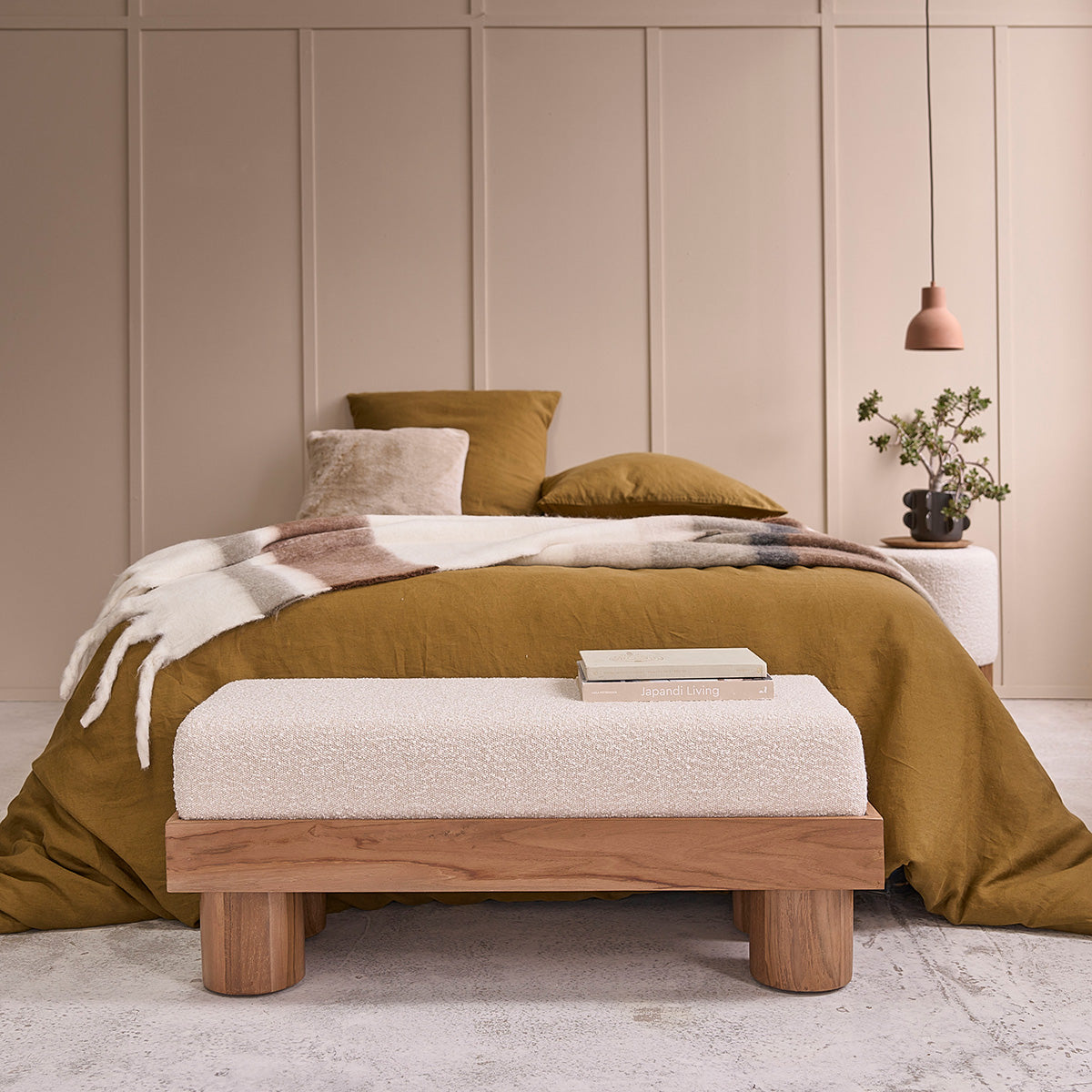 THÉODORE - Banc en teck massif et tissu bouclette 100 cm