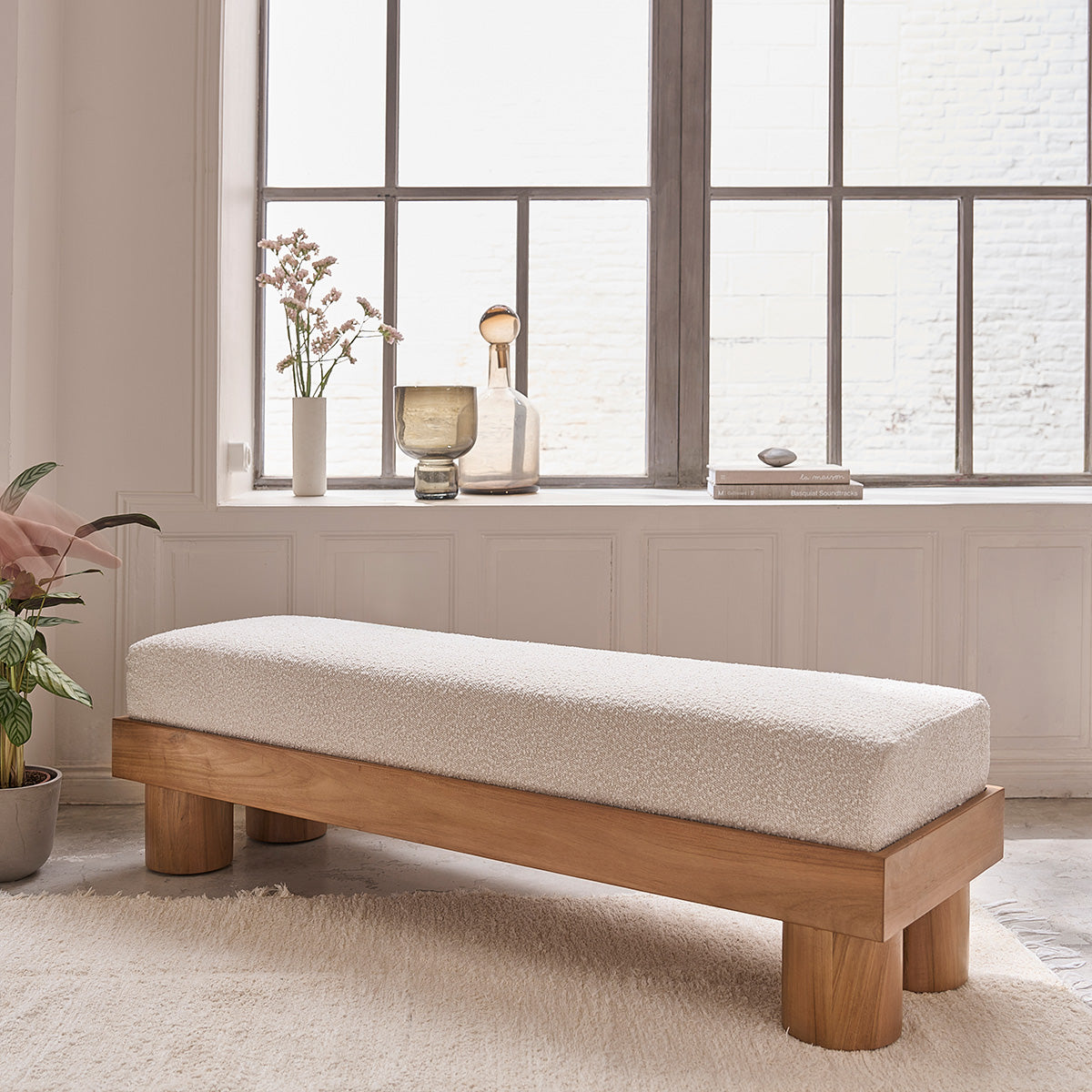THÉODORE - Panca in teak massello e tessuto bouclé 140 cm